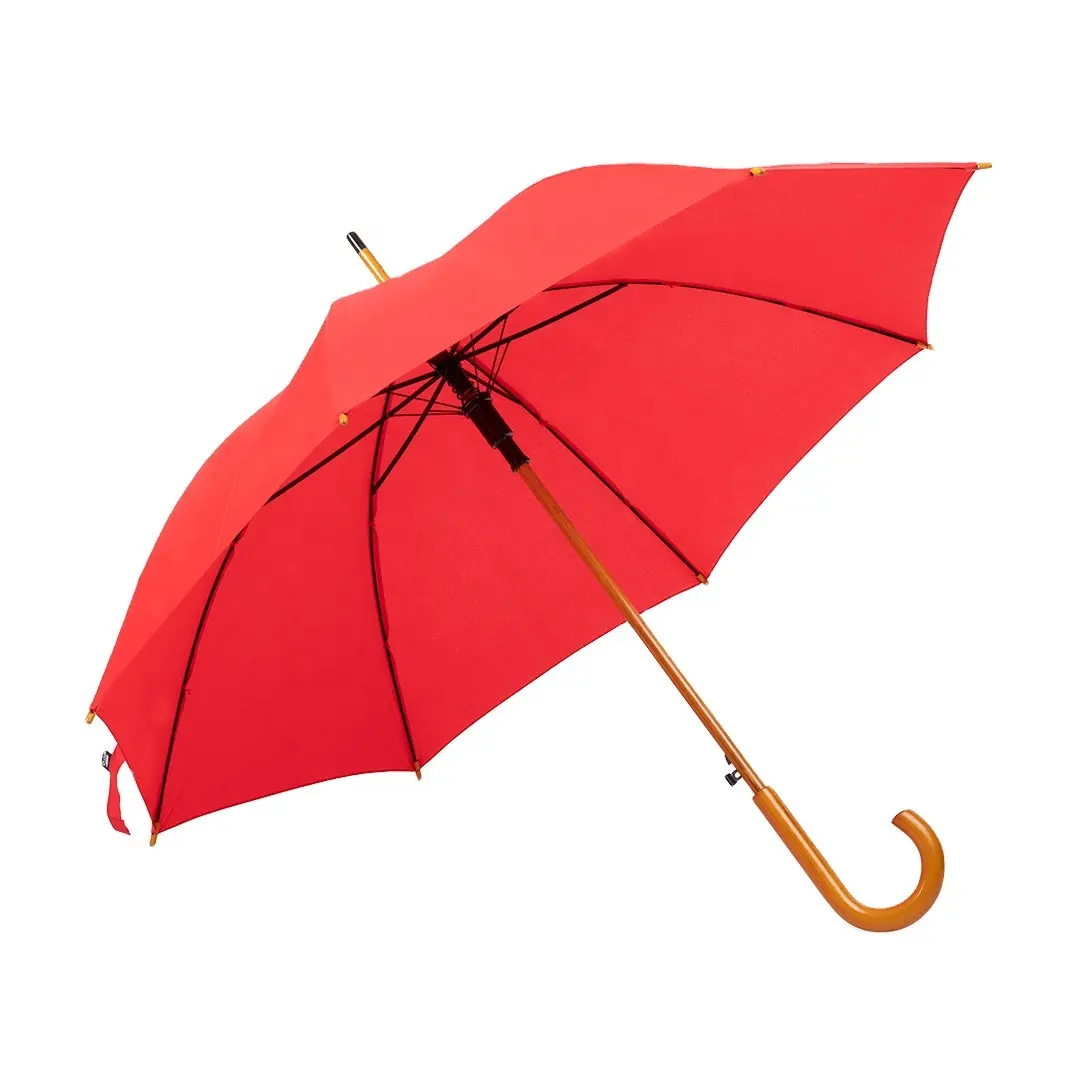 Payung Iklan Buatan Khusus RPET Tongkat Hujan Payung Gagang Kayu Payung Bahan Ramah Lingkungan
