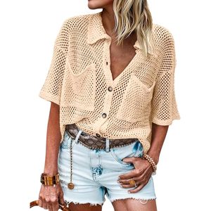 Custom <b>Women's</b> Crochet Cardigan Short Sleeve Summer Button Down Collared Loose Cover Up Shirt Knitted <b>Top</b> - Product Image 1