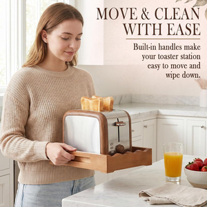 Plateau de rangement pour <span class=keywords><strong>grille</strong></span>-<span class=keywords><strong>pain</strong></span> 2 tranches, avec poignées, design festonné en bois de pin de qualité supérieure, finition noyer chaud, écologique, pour cuisine - Product Image 6