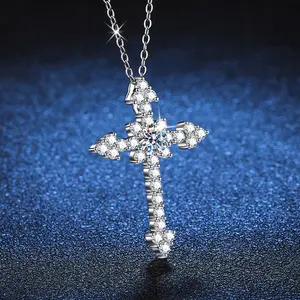 Europe And The United States Fashion Full Diamond Moissanite Cross Pendant S925 Sterling Silver Necklace