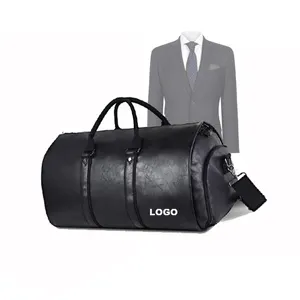 Custom Logo Vintage Luxury Leather Shoulder Business Travel Garment Duffel Bag Foldable travelling suit bag