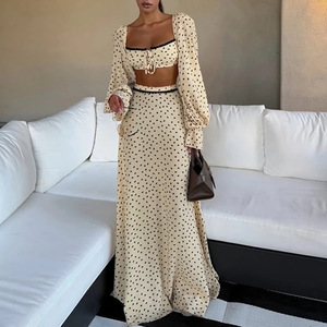 <strong>Women</strong> Polka Dot Two Piece Skirt Set Puff Sleeve Tie Front Crop Top High Waist Flared Maxi Skirt Vacation <strong>Resort</strong> Casual <strong>Wear</strong> - Product Image 1