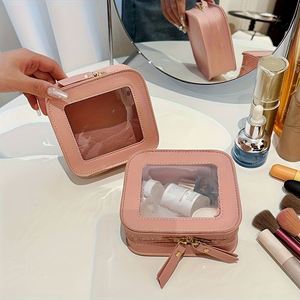 Travel Square PU Leather Fashion Cosmetic Case Transparent <b>Clear</b> Window Makeup <b>Bag</b> Women Zipper Waterproof <b>Toiletry</b> Organizer - Product Image 5