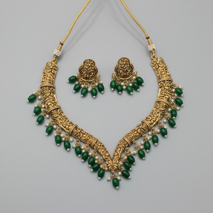 High Quality Traditional Alloy <b>Gold</b> Plated Zircon Bridal Indian Ethnic Engagement Wedding Party <b>Set</b> Flower Design Green Beads - Product Image 2