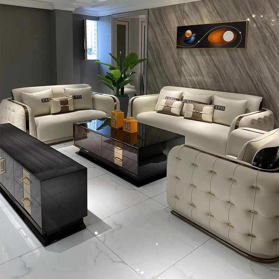 Kombinasi furnitur sofa kulit minimalis Modern, sofa kulit mewah kelas atas ruang tamu vila gaya Italia ringan