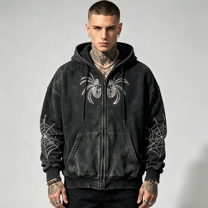<span class=keywords><strong>Felpa</strong></span> con <span class=keywords><strong>Cappuccio</strong></span> Vintage da <span class=keywords><strong>Uomo</strong></span> con Zip e Design in Strass, Oversize, Stile Streetwear, Hip Hop, Casual, Y2K - Product Image 1