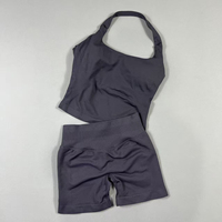 Promo Panas 2026 Set Yoga Solid Ruched Square Neck Tank Top Tiga Panel Seamless Legging Crop Pengangkat Bokong untuk Wanita