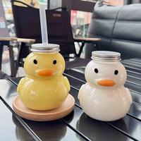 Gobelet à thé au lait en plastique PET de 500 ml en forme de petit canard jaune avec bouchon à vis ; Bouteille de boisson transparente de forme créative