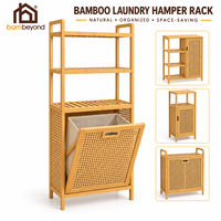 Étagère de rangement en bambou avec panier à linge inclinable en rotin, organisateur autoportant à 3 niveaux avec doublure en tissu amovible