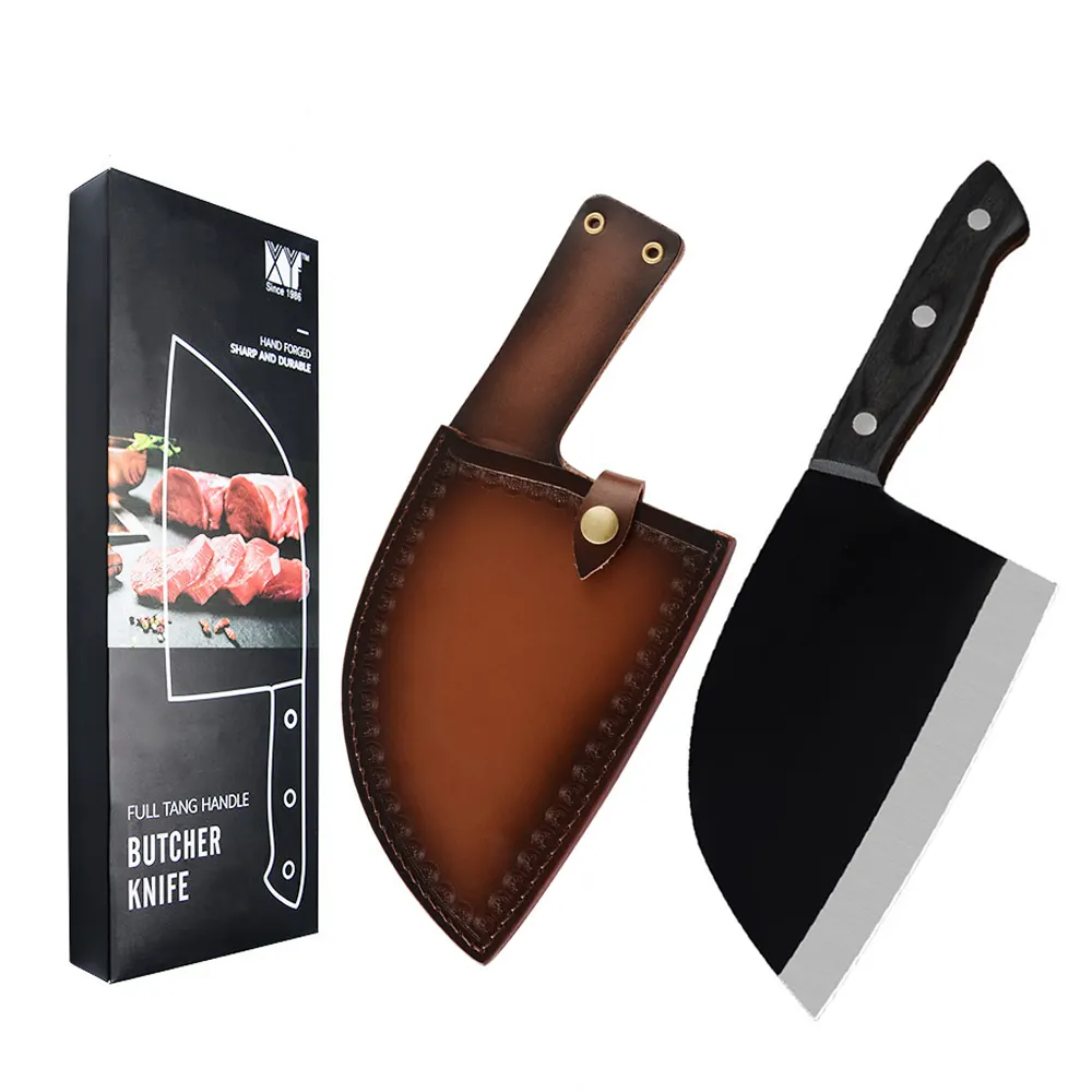 Di vendita superiore heavy duty coltello da macellaio pieno tang maniglia di legno ultra spessore punzonatura stampaggio cucina coltello da macellaio con il contenitore di regalo