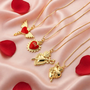Collar <span class=keywords><strong>de</strong></span> Corazón Sagrado Chapado en <span class=keywords><strong>Oro</strong></span> <span class=keywords><strong>de</strong></span> 18K, Joyería Religiosa Católica para Mujer, Colgante Esmaltado con Diseño <span class=keywords><strong>de</strong></span> Corazón Flameante, Venta al Por Mayor - Product Image 6