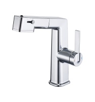 Robinet Mitigeur de Lavabo Contemporain Chromé à Poser sur Plan avec Douchette Extensible, Corps en Alliage de Zinc, Cartouche Céramique