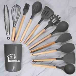 2024 nóng bán tùy chỉnh 12 cái Silicone đồ dùng nhà bếp với tay cầm bằng gỗ 12 cái công cụ nấu ăn Thìa bộ - Product Image 6