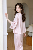 Pakaian Tidur Gaya Prancis Bahan Satin Poliester Tipis Model Kerajaan Manis Lucu Lengan Panjang Nyaman Dipakai untuk Tidur