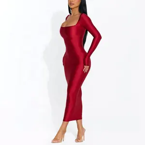 modest red wedding dress 2023 NEW Tongrui Customized Women's Square Neck Skinny Maxi Dress elegant Long Sleeve Casual Dresses