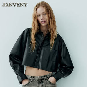 JANVENY 2024 primavera autunno <span class=keywords><strong>camicia</strong></span> ampia <span class=keywords><strong>giacca</strong></span> di pelle donna manica lunga tasca anteriore Versatile camicetta corta in <span class=keywords><strong>ecopelle</strong></span> cappotto - Product Image 1