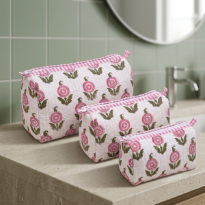 Women's Pink Floral Cotton Cosmetic <b>Bags</b> Pink White Pattern Cosmetic <b>Bags</b> With Zipper Closure Large Medium <b>Small</b> Multi <b>Bags</b> - Product Image 4