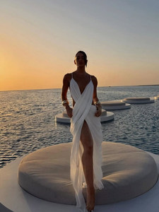 Abito lungo da donna in cashmere <span class=keywords><strong>bianco</strong></span> <span class=keywords><strong>con</strong></span> scollo a V, spalline sottili, design sexy per le vacanze, <span class=keywords><strong>con</strong></span> <span class=keywords><strong>spacco</strong></span> alto e schiena scavata - Product Image 6