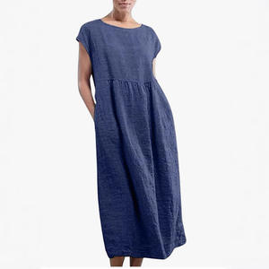 Robe longue ample en coton et lin, couleur unie, style rétro, col rond, taille mi-haute, motif vintage basique - Product Image 3