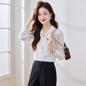 Blus kerah warna polos wanita, kemeja kemeja putih lengan panjang leher-v untuk perempuan - Product Image 2