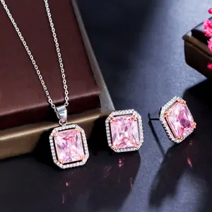 Fashion Girls Necklace and Stud Earrings Romantic Pink Color Rectangle Cubic Zirconia Stone Pendant Jewelry Set for Women Party