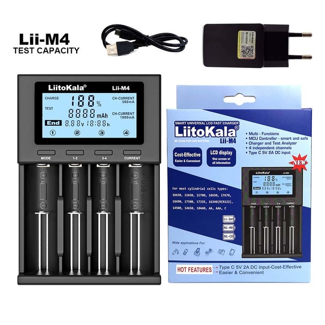 Lii-M4 18650 Charger LCD Display Universal Smart Charger Test Capacity 26650 18650 21700 AA AAA Battery 4slot 5V 2A