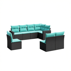 Pe Rattan Garden Sofa Set Powder Coated Steel <b>Frame</b> 6 Seater Outdoor Furniture With Turquoise Cushions - Product Image 1
