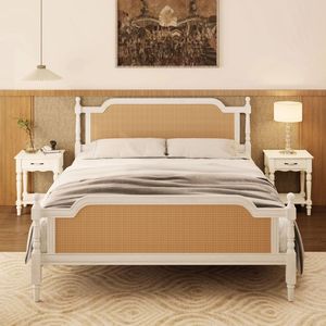 Luxury Rattan <b>King</b> Size <b>Bed</b> Antique White Finish Solid Wood <b>Platform</b> <b>Bed</b> Cane Headboard Bedroom Furniture for Premium Home - Product Image 1