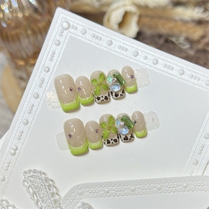 Faux <span class=keywords><strong>ongles</strong></span> à presser faits main de haute qualité, vert herbe, French manucure, fleur 3D en acrylique, vente en gros - Product Image 1