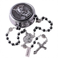 Collier chapelet en hématite noire et tungstène avec perles en pierre, Saint Michel Archange, avec boîte cadeau en métal pour homme