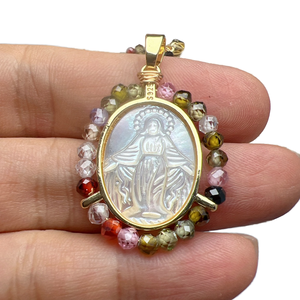 Collier Vierge Marie Sacré en Gros pour Femmes, <span class=keywords><strong>Médaille</strong></span> Ovale, Perles de Zircon, Pendentif Coquille de Nacre, <span class=keywords><strong>Chaîne</strong></span> à Maillons en Alliage, Religieux - Product Image 1