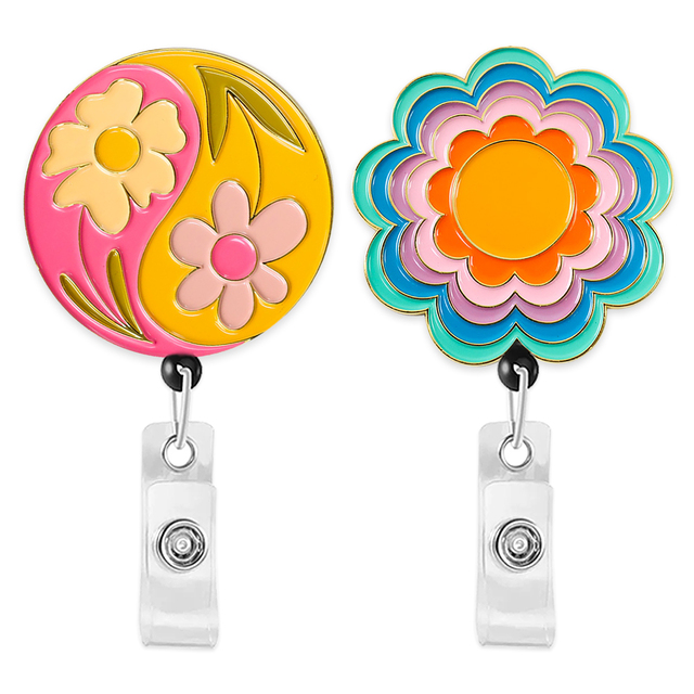 Custom Metal Badge Reel Retractable Heavy Duty with 360 Swivel Carabiner Llip Cute Flower Enamel Badge Reel