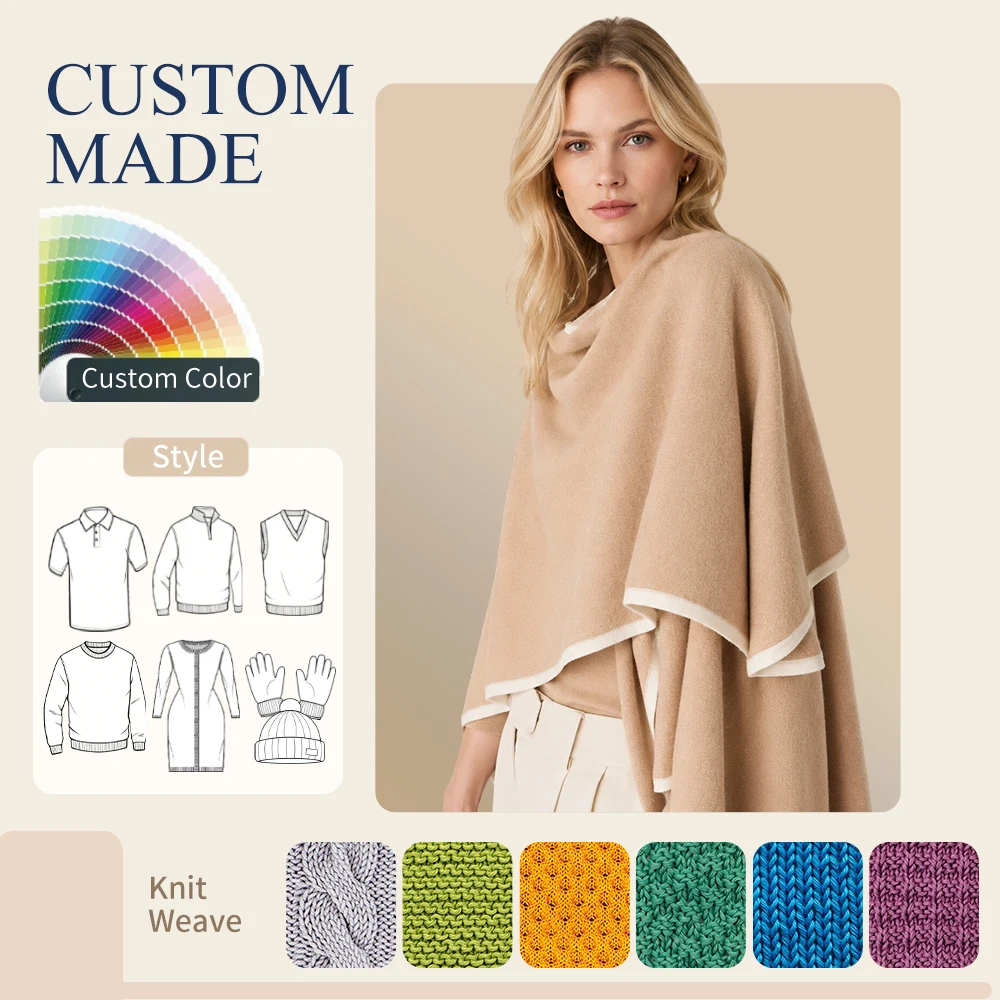 Brand New Premium Merino Wool Contrast Trim Wrap Cape For Versatile Cold Weather Layering