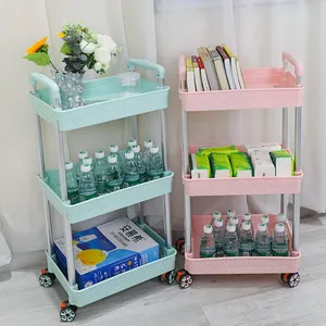 Foldable 4-wheeled 3-tier Storage Cart Utility Eco-friendly PP Plastic Shelves Trolley Cart Rolling Storage Cart