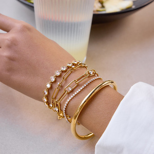 Bracelet en acier inoxydable doré avec zircon, design géométrique, serti clos, bijoux pour femme, cadeau, bracelet à maillons tendance - Product Image 2