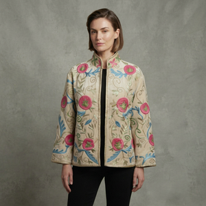 Chaqueta Bordada Suzani Color Crema Beige al por Mayor para Mujer, Ropa Exterior Tradicional con Bordado Floral a Mano, Moda Étnica - Product Image 1