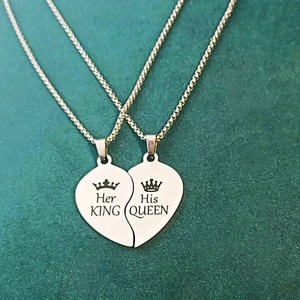 Sa reine son roi laser graver couple romantique en acier inoxydable coeur brisé pendentif boîte chaîne collier pour amoureux - Product Image 6