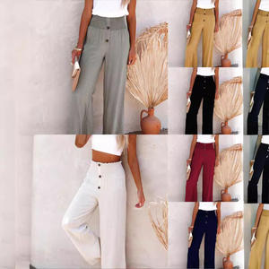 Pantalon long décontracté taille haute boutonné en lin et coton pour femme, grande taille, smocké, élastique, respirant, séchage rapide, collection Printemps 2026 - Product Image 2