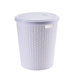 Round Plastic Laundry Basket With Lid Wicker Style Dustproof Clothing Organizer Storage Bin - Product Image 1