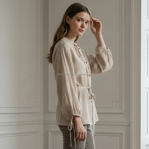 Custom Balloon Sleeves Striped <strong>Linen</strong> Shirt <strong>for</strong> <strong>Women</strong> Casual Top <strong>Blouse</strong> Ladies - Product Image 3