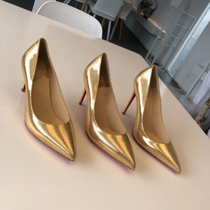 Zapatos de tacón de aguja de lujo con suela roja y punta dorada, elegantes zapatos metálicos para novia, que aumentan la altura, para bodas, fiestas y eventos, venta al por mayor. - Product Image 1