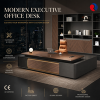 Meja Kantor Eksekutif Bentuk L Mewah Modern dari Kayu Walnut untuk CEO/Bos dengan Lampu LED