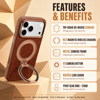 Étui en cuir pleine fleur huilé pour iPhone 18 Pro, 17 Pro Max, 18 Pro Max, avec chargement magnétique sans fil, béquille et protection d'objectif métallique