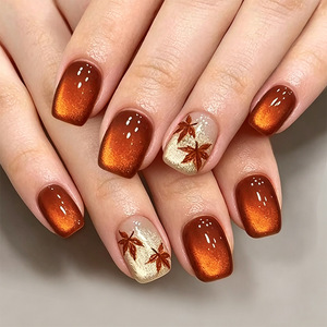 24 faux ongles de luxe effet feuille d'érable œil de chat, carrés ombrés, à presser, pour salon et DIY, collection automne, vente chaude - Product Image 1