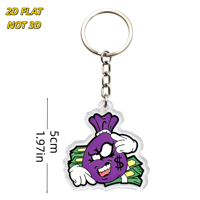 Porte-clés en acrylique motif sac d'argent violet de dessin animé, drôle, avec signe dollar et billets verts, design à bords transparents