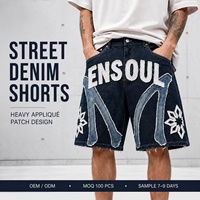 Shorts en jean pour hommes, coupe ample, en denim épais, avec appliques et patchwork, bords effilochés, style streetwear premium, hip-hop, fabrication sur mesure