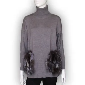 Top Mode Fuchs Pelz Dekoration Pullover Natur fuchs Pelz Strick pullover Frauen Herbst Winter Pelz Pullover