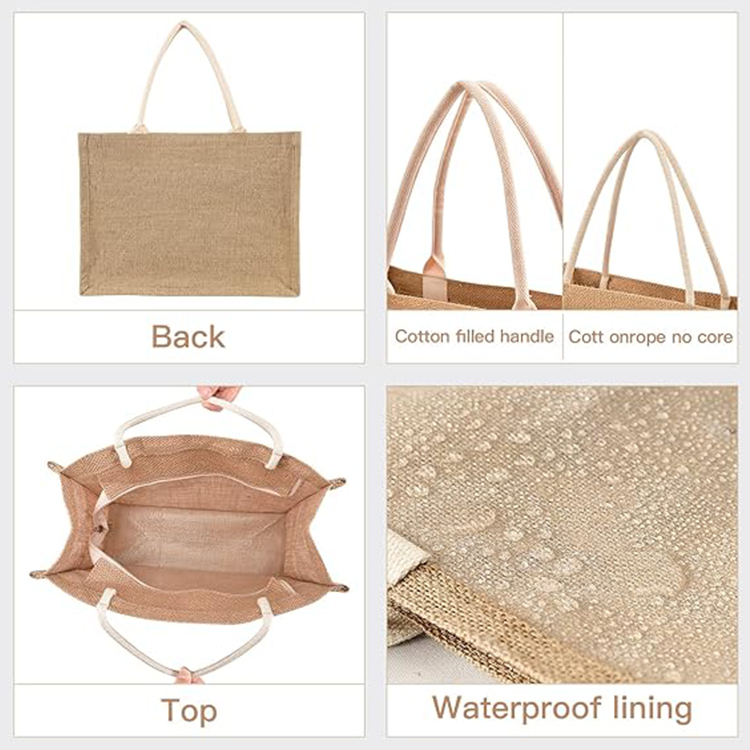 Eco laminated jute canvas bag burlap reusable linen beach bag hessian canvas shopping tote bags with custom logo