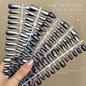 Ongles press-on de luxe noirs effet clair de lune, forme amande œil-de-chat, prêts à poser, très tendance, kit pré-fabriqué, scintillants et éblouissants - Product Image 1