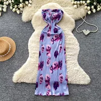 Robe élégante sans manches à imprimé floral pour femme, coupe ajustée, couleur violette, pour l'été, vente en gros